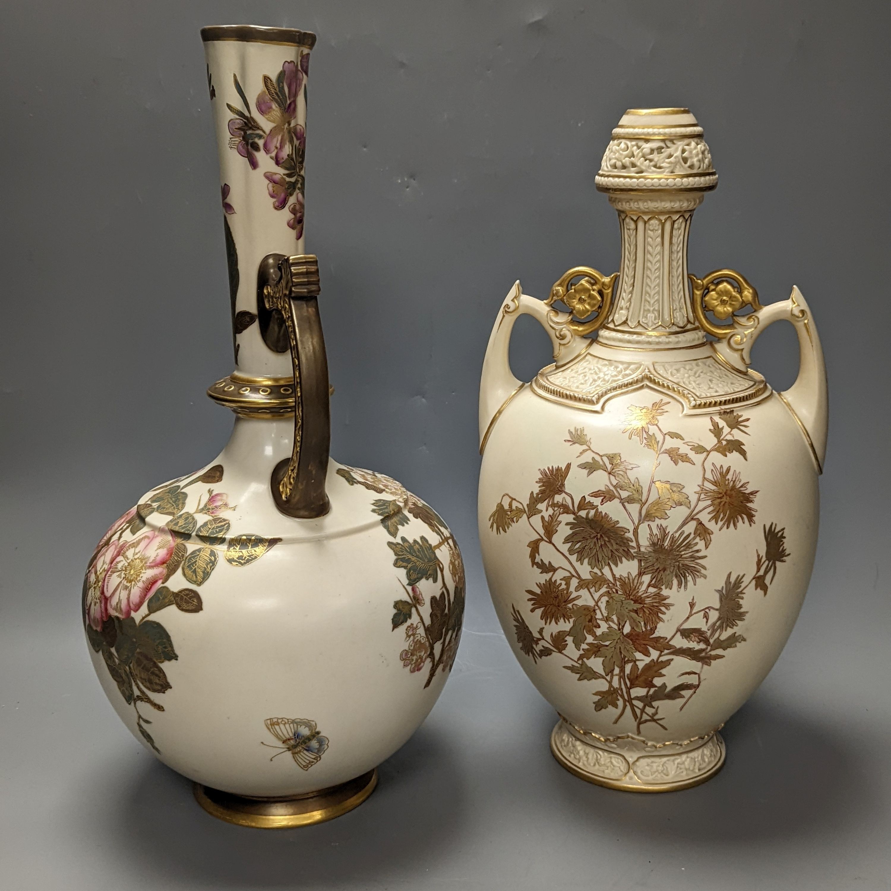 A Royal Worcester blush Ivory gilded floral ewer and a similar two handled vase 39cm